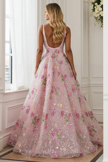 Pink Flower A Line V Neck Open Back Long Prom Dress with Beading